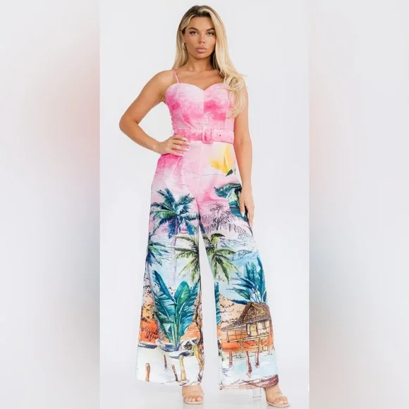 L’Artiste Tropical Print Wide Leg Belted Jumpsuit Pink Resort Medium - Picture 2 of 6